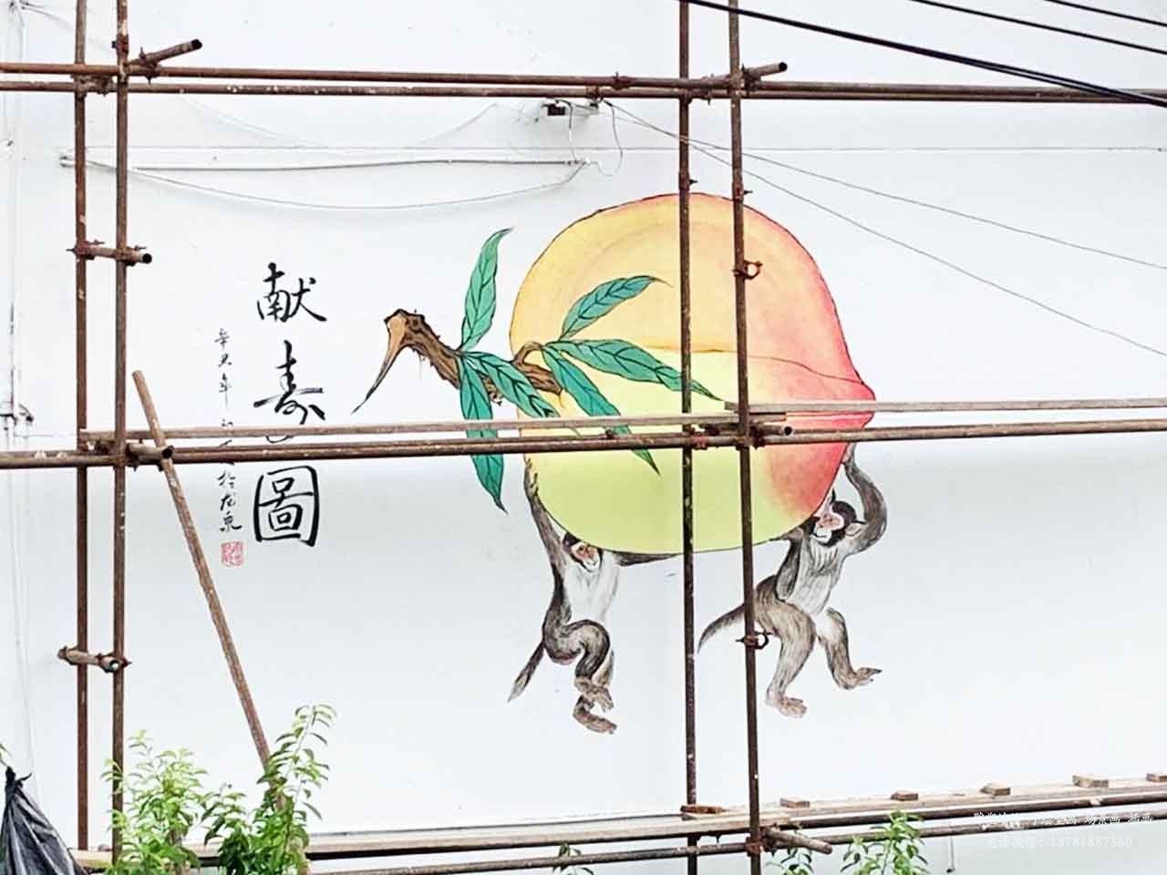 振新美麗鄉村獻壽桃國畫工筆畫壁畫墻繪彩繪涂鴉成都瀾泉文化