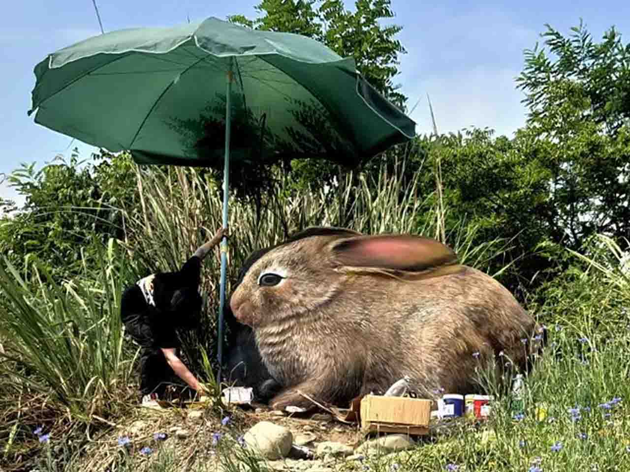 景區鄉村石頭創意寫實兔子墻繪壁畫彩繪涂鴉手繪示意圖