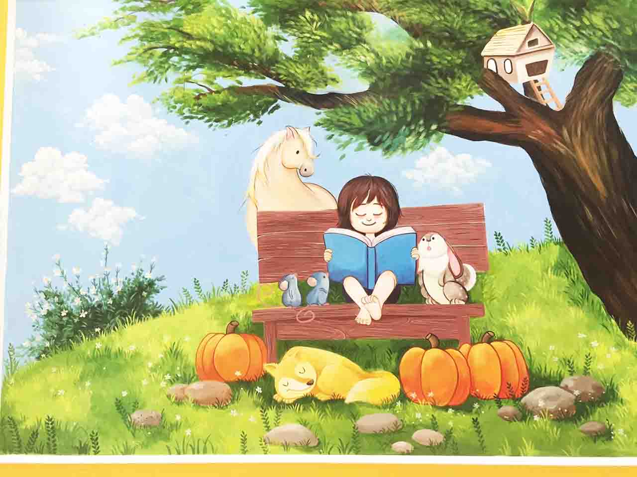 幼兒校園動物園游樂場卡通夢幻樹下看書墻繪壁畫彩繪涂鴉手繪成都瀾泉文化