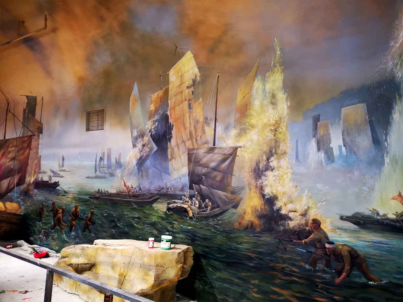 博物館紀念館展廳解放海南海戰場景還原畫墻繪壁畫彩繪涂鴉手繪示意圖