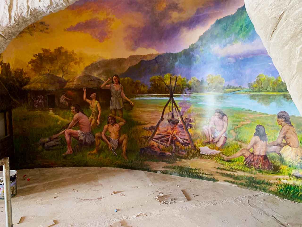 博物館紀念館展廳原始人生活場景還原畫墻繪壁畫彩繪涂鴉手繪示意圖