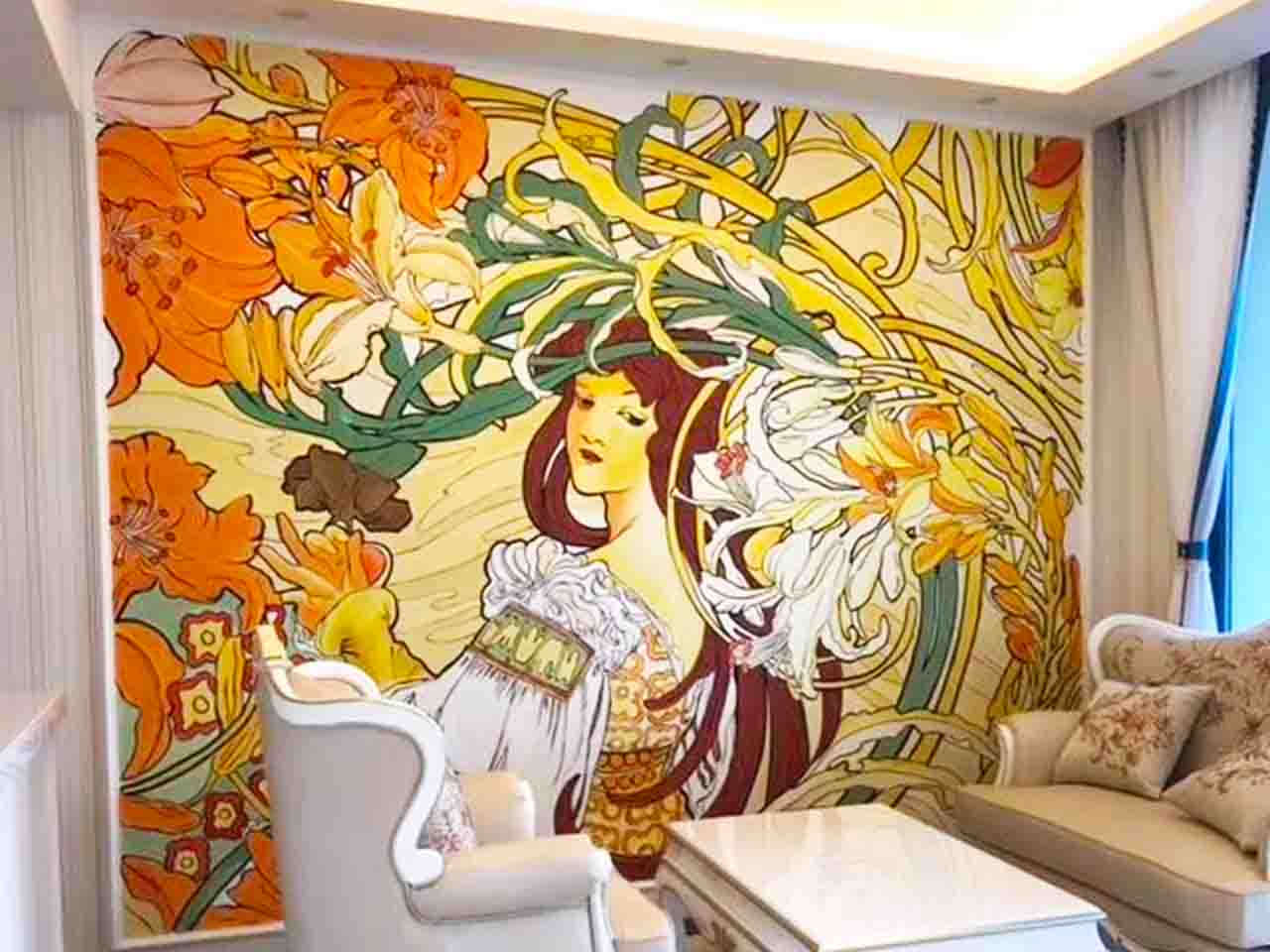 家裝工裝KTV酒店會所網吧美容院工筆畫花朵人物墻繪壁畫彩繪涂鴉手繪示意圖