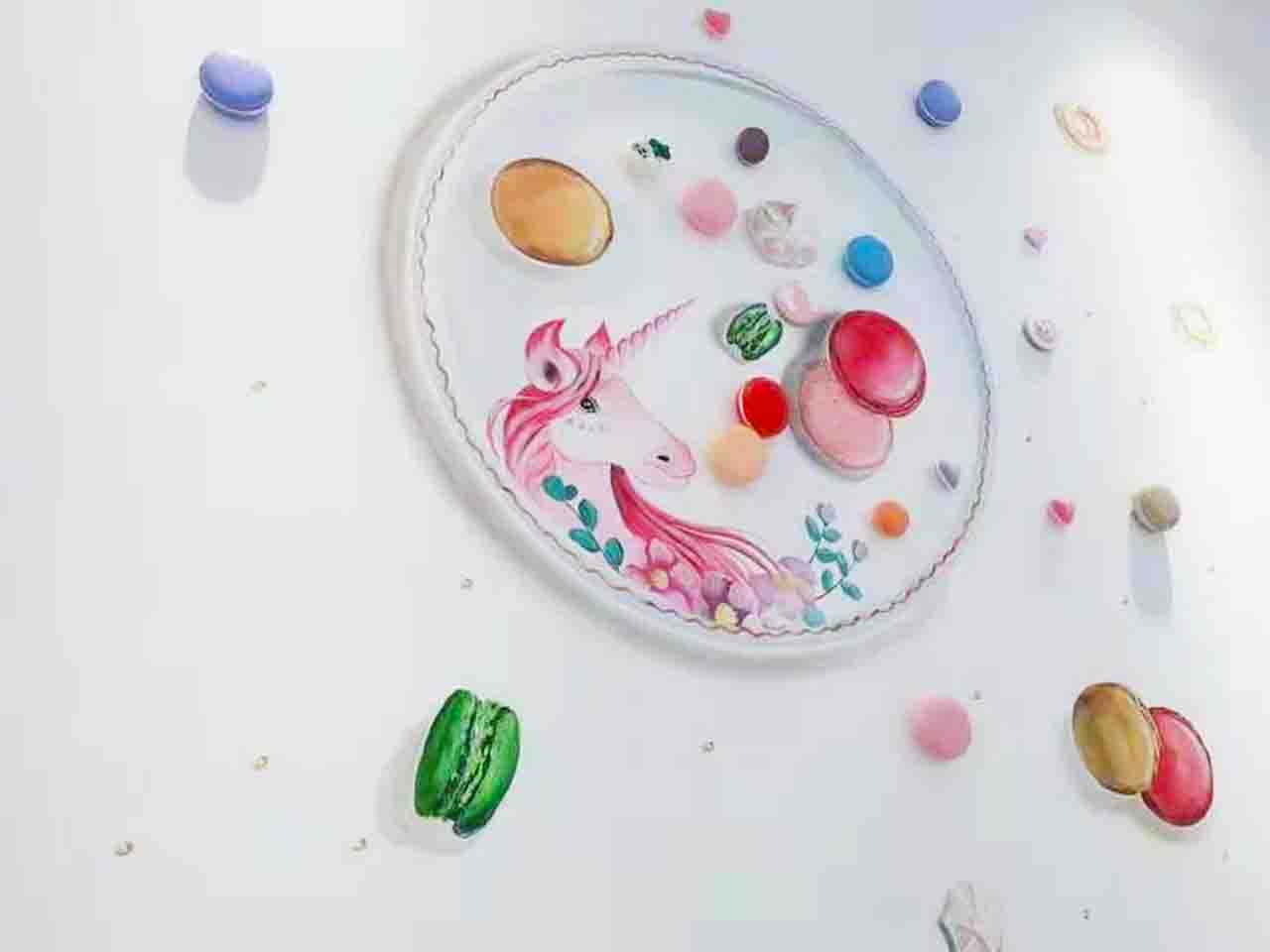 蛋糕房店馬卡龍寫實3D立體墻繪壁畫彩繪涂鴉手繪示意圖