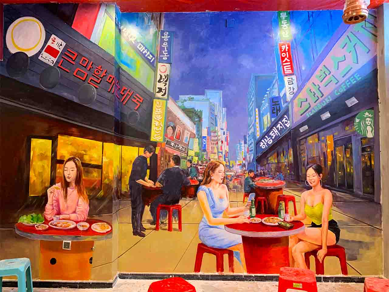烤肉店餐飲超寫實韓國建筑物人物墻繪壁畫彩繪涂鴉手繪成都瀾泉文化