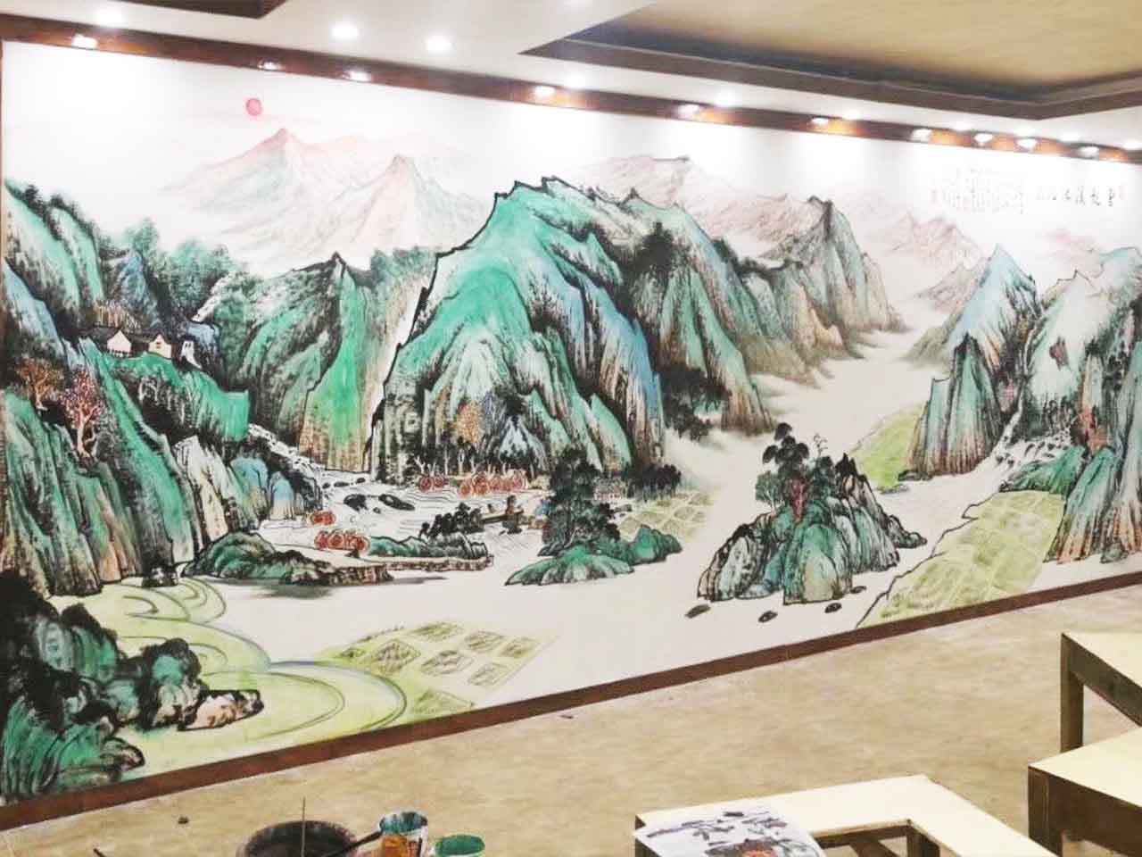 酒店餐飲大廳國畫墻繪壁畫彩繪涂鴉手繪成都瀾泉文化